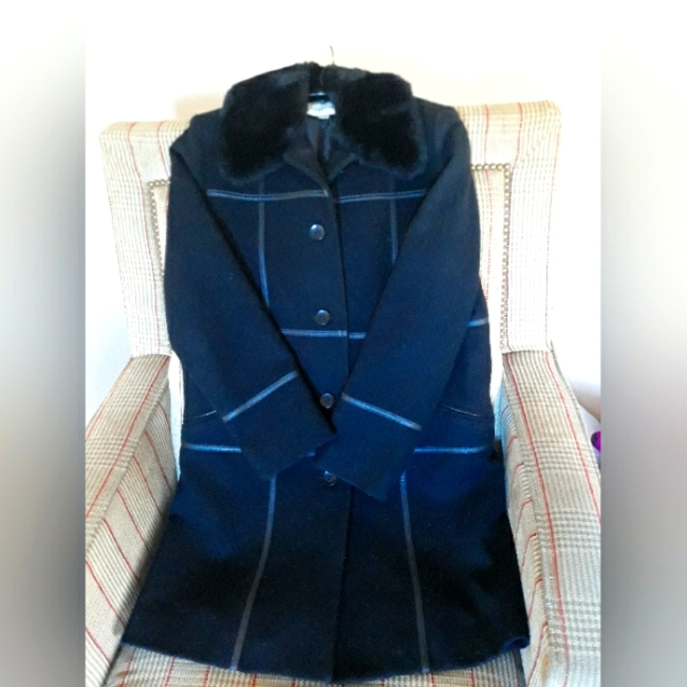 Charles Klein Dress Coat Leather Detail Black Size 8